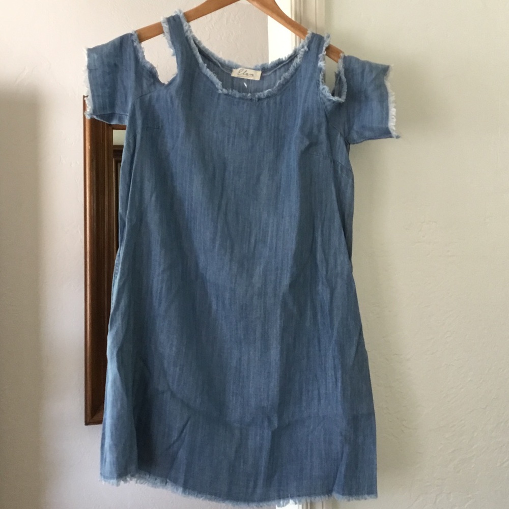 Elan Pocket Light Blue Cold-Shoulder Denim Women Frayed Dress Size Small
